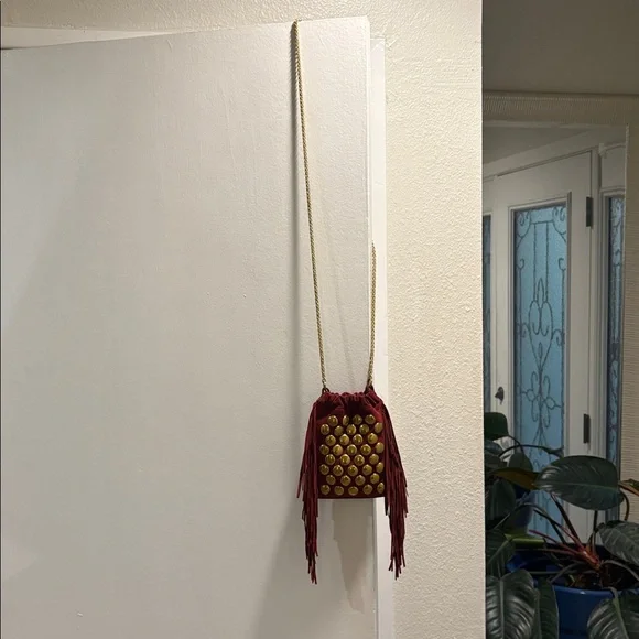 Burgundy Fringe Bag with Gold Accents by Jerome Dreyfuss - Picture 2 of 5